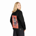 luckykat patch on female og denim jacket in raven