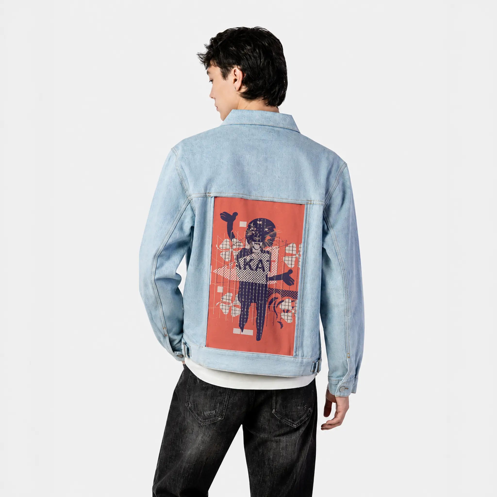 luckykat patch on male og denim jacket in oceanside