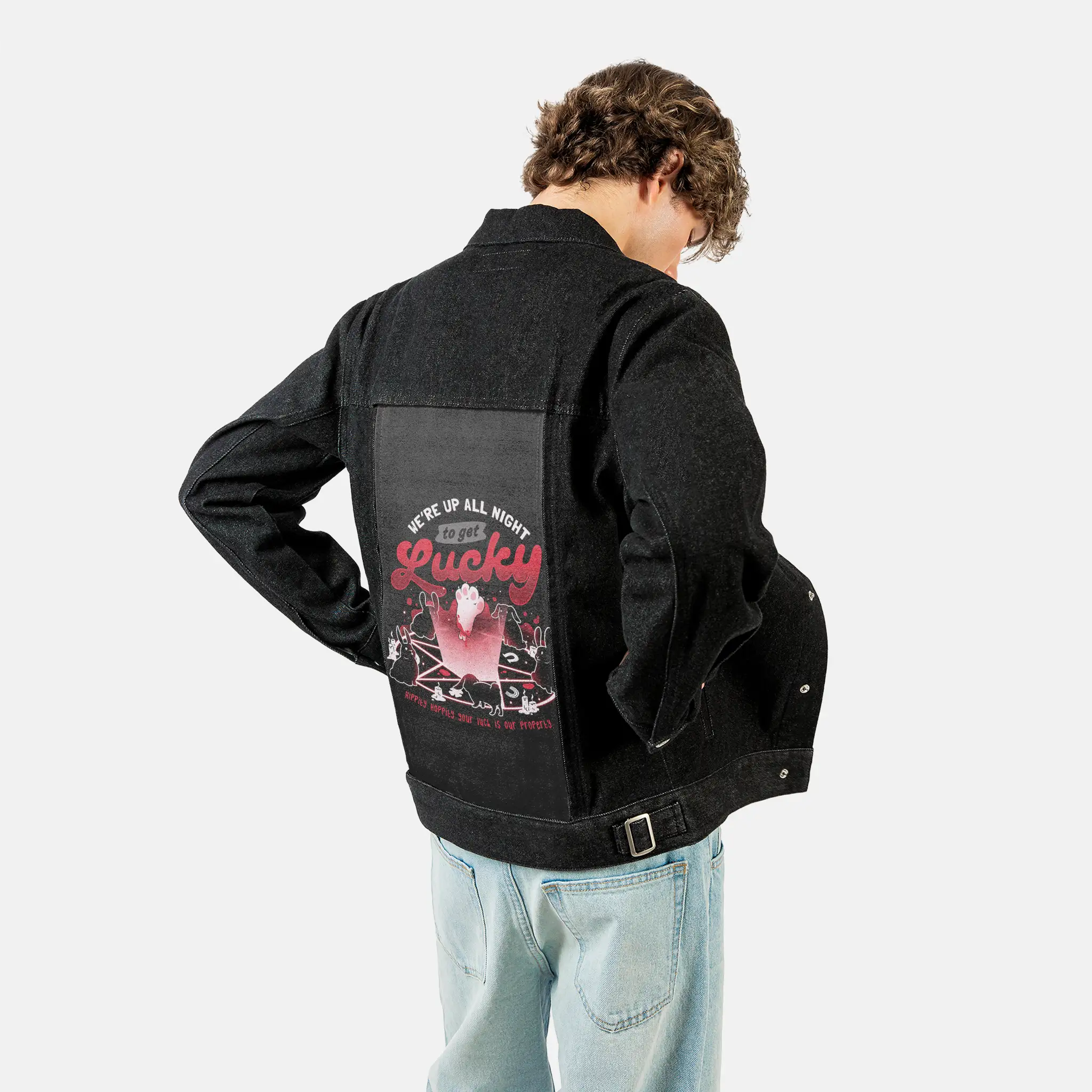 luckyritual patch on male og denim jacket in raven