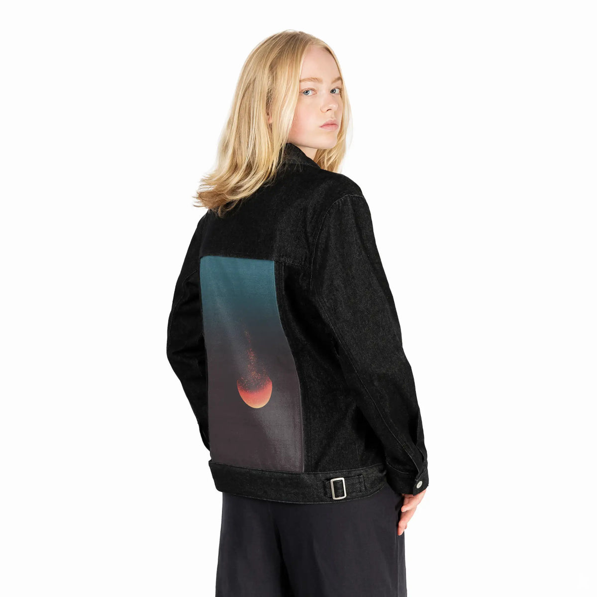 lunareclipse patch on female og denim jacket in raven