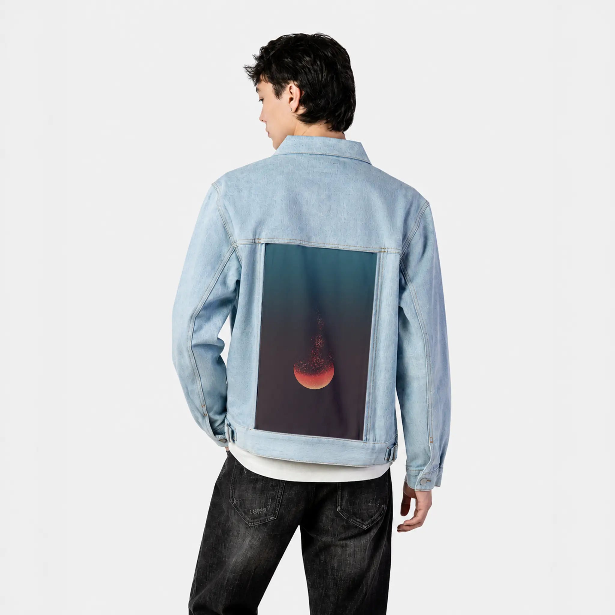lunareclipse patch on male og denim jacket in oceanside
