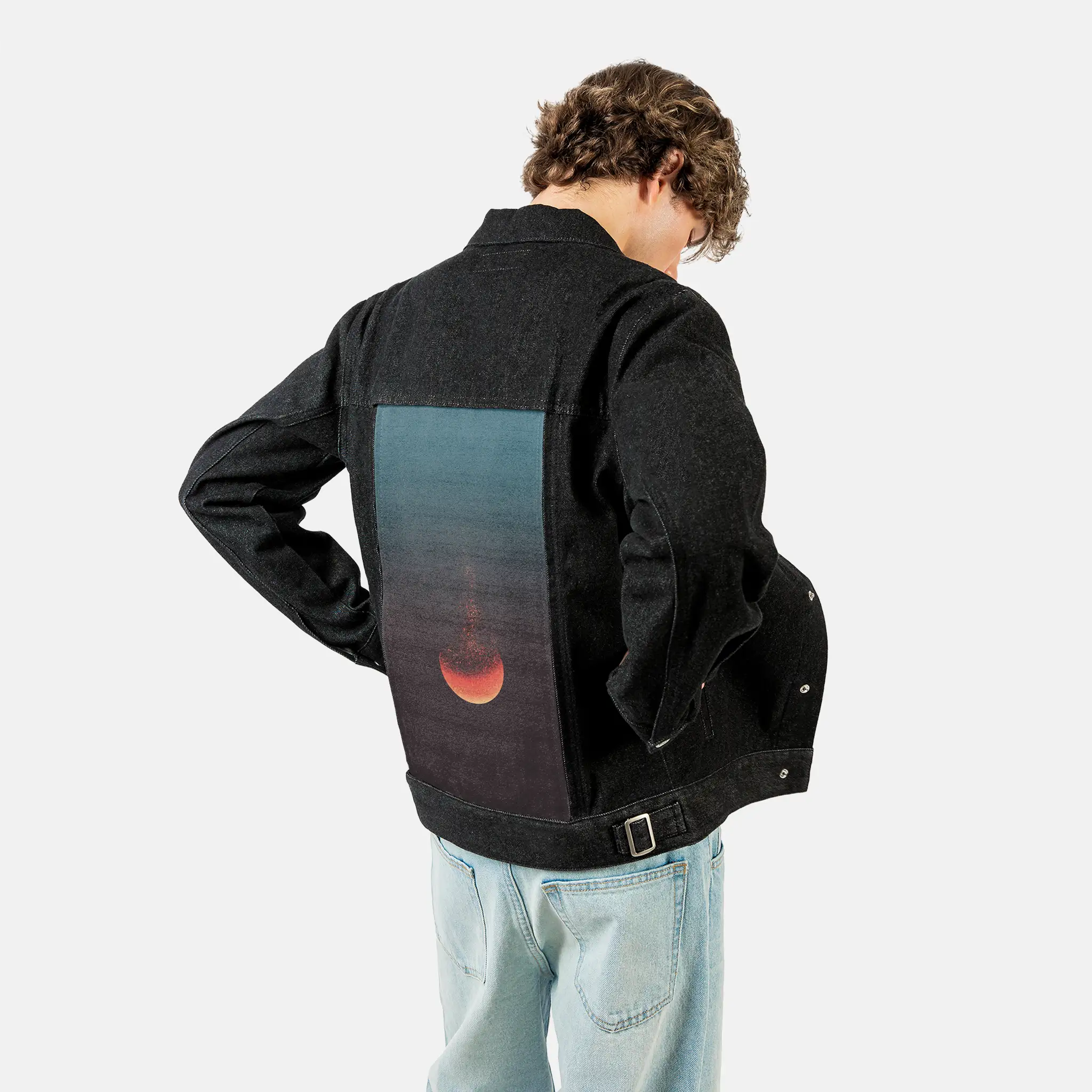 lunareclipse patch on male og denim jacket in raven