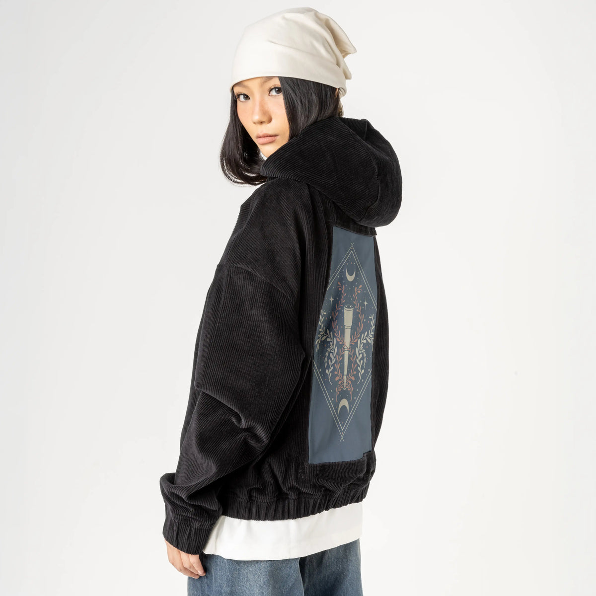 lunarvision patch on female retro cord hoodie in onyx