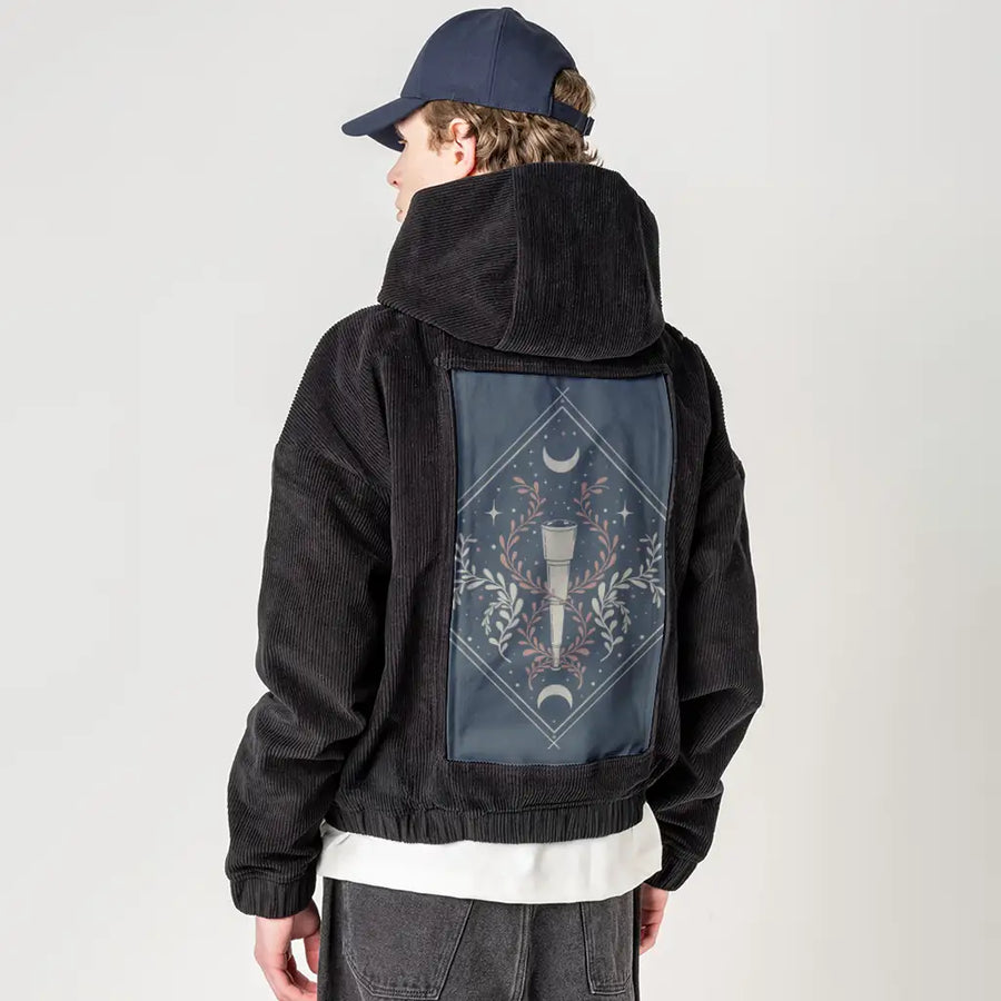 lunarvision patch on male retro cord hoodie in onyx