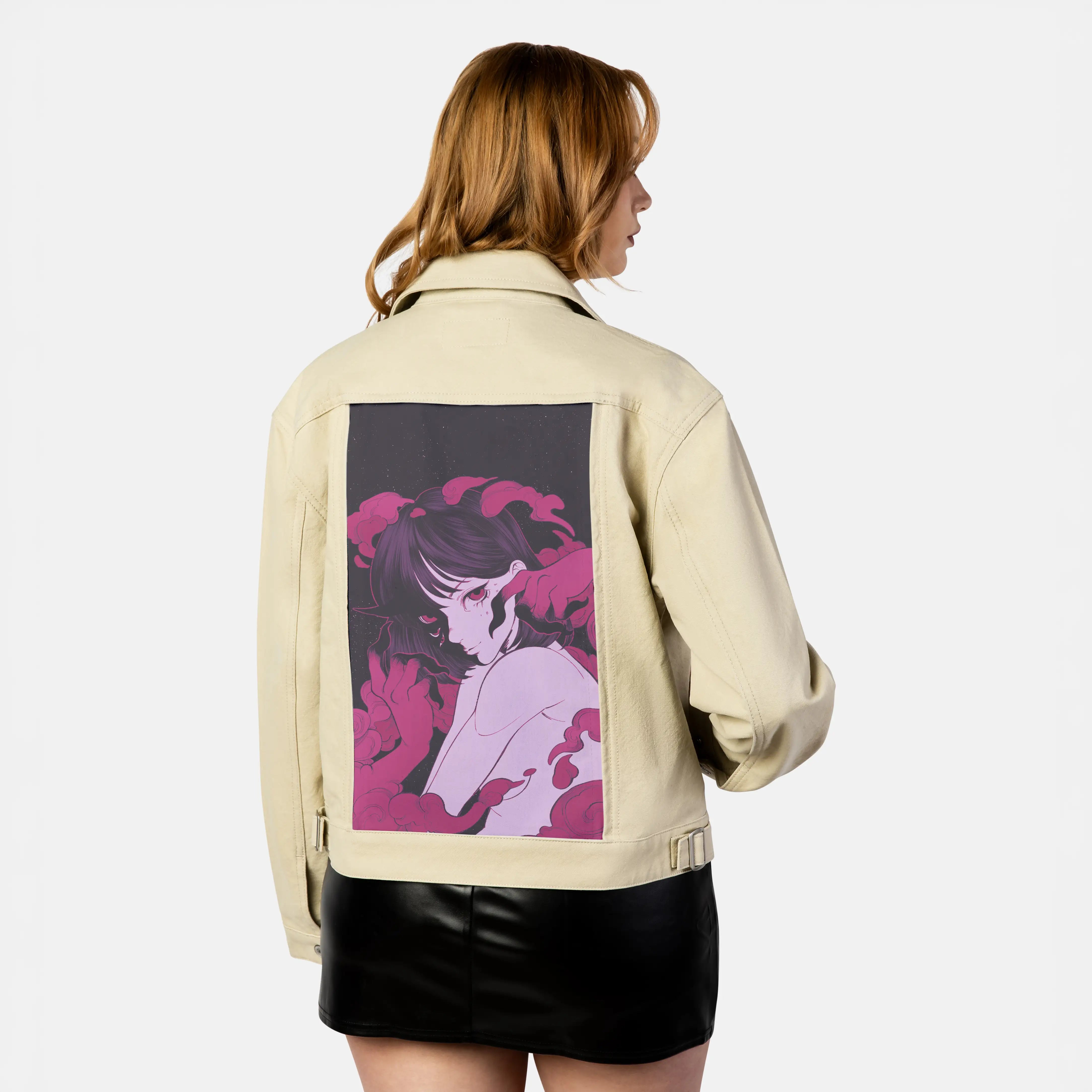 lust patch on female atelier canvas jacket in tan