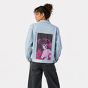 lust patch on female og denim jacket in oceanside