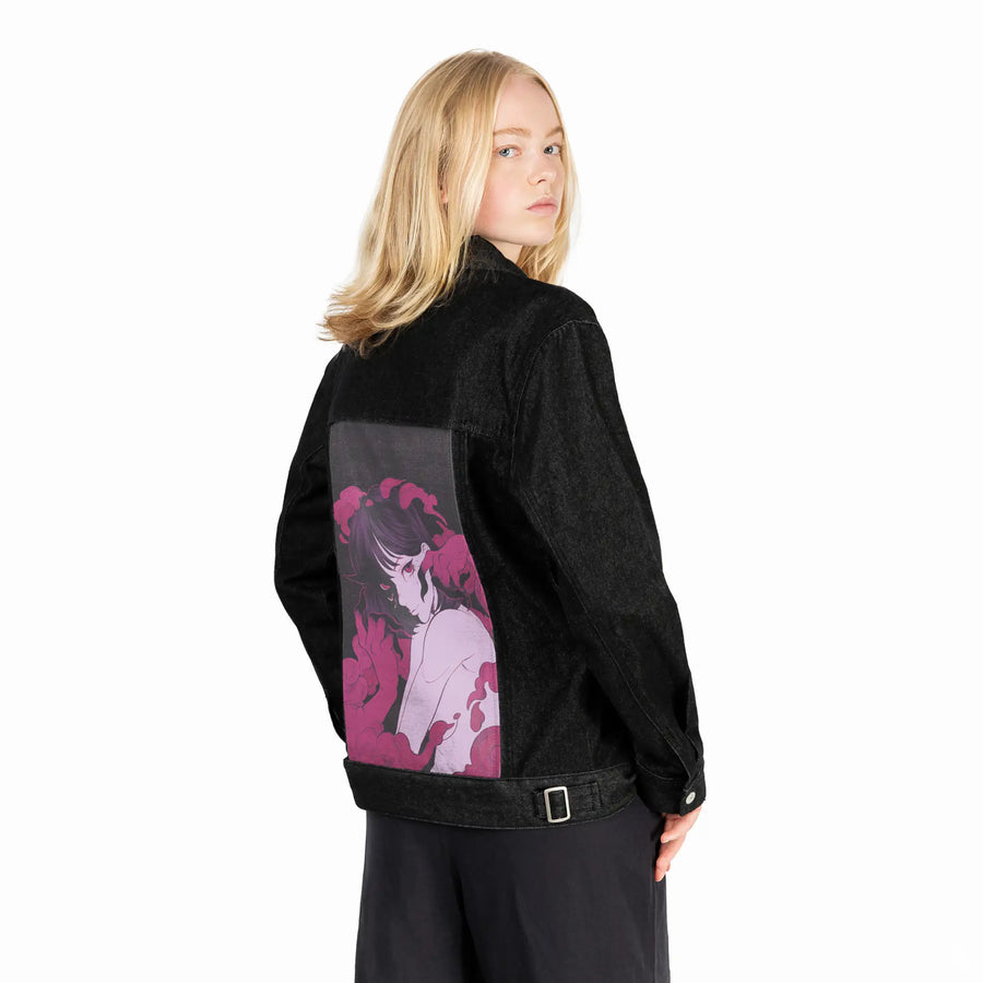 lust patch on female og denim jacket in raven
