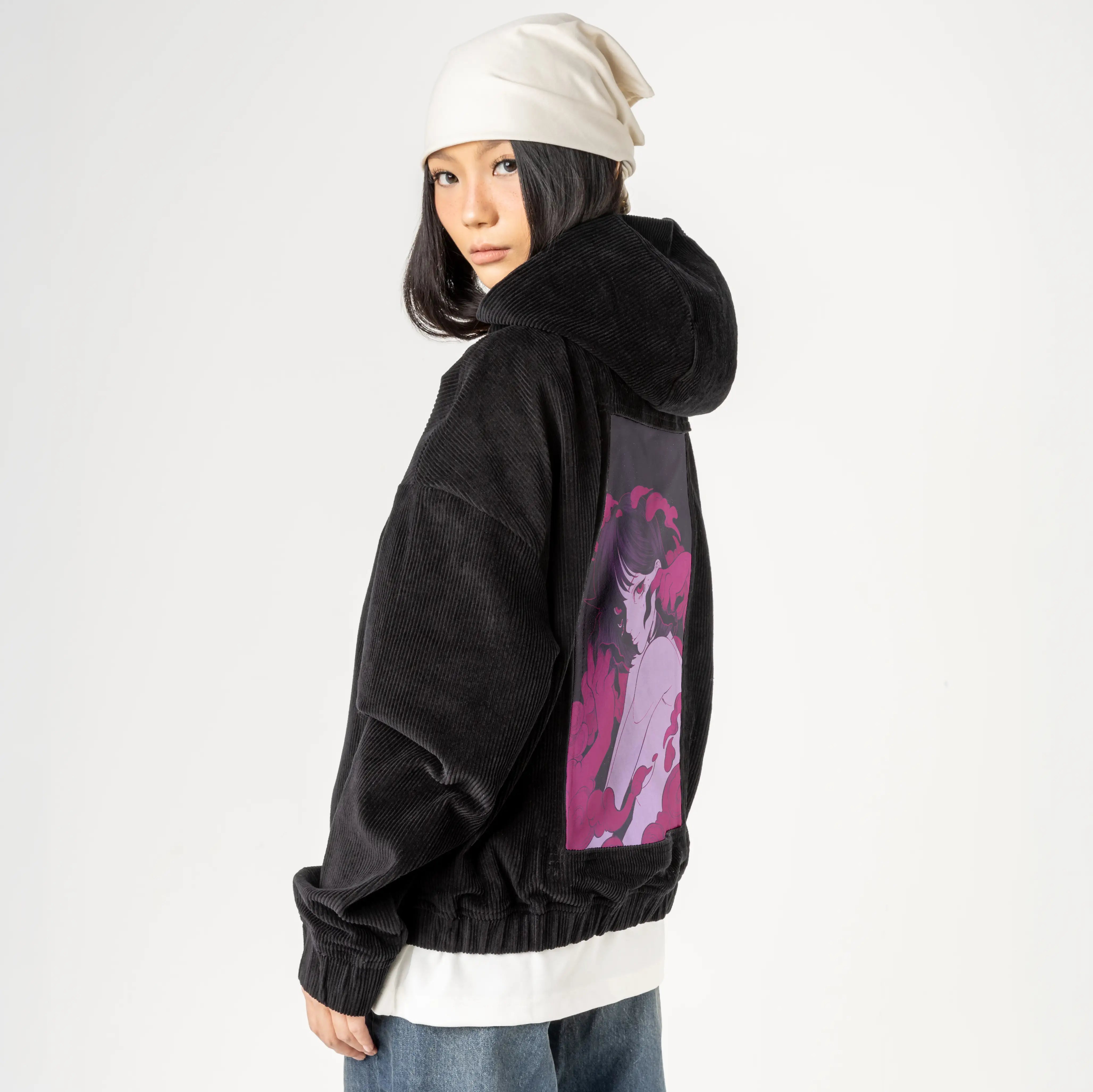 lust patch on female retro cord hoodie in onyx