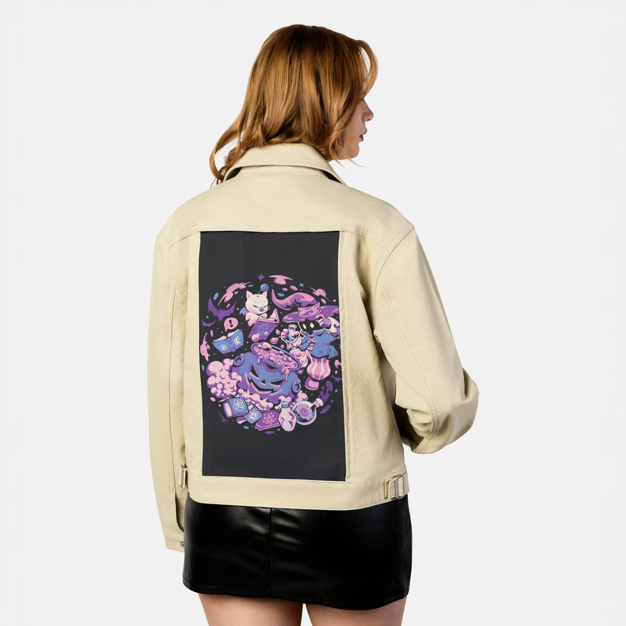 magespell patch on female atelier canvas jacket in tan