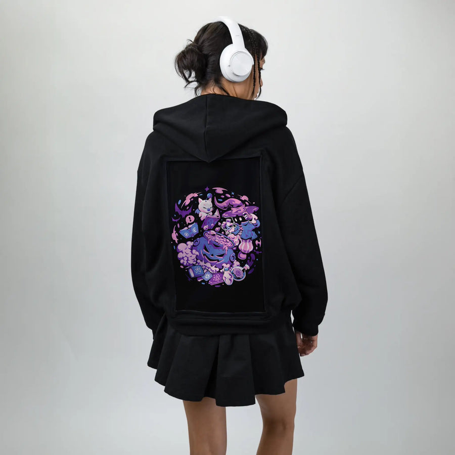 magespell patch on female essential zip hoodie in after hours