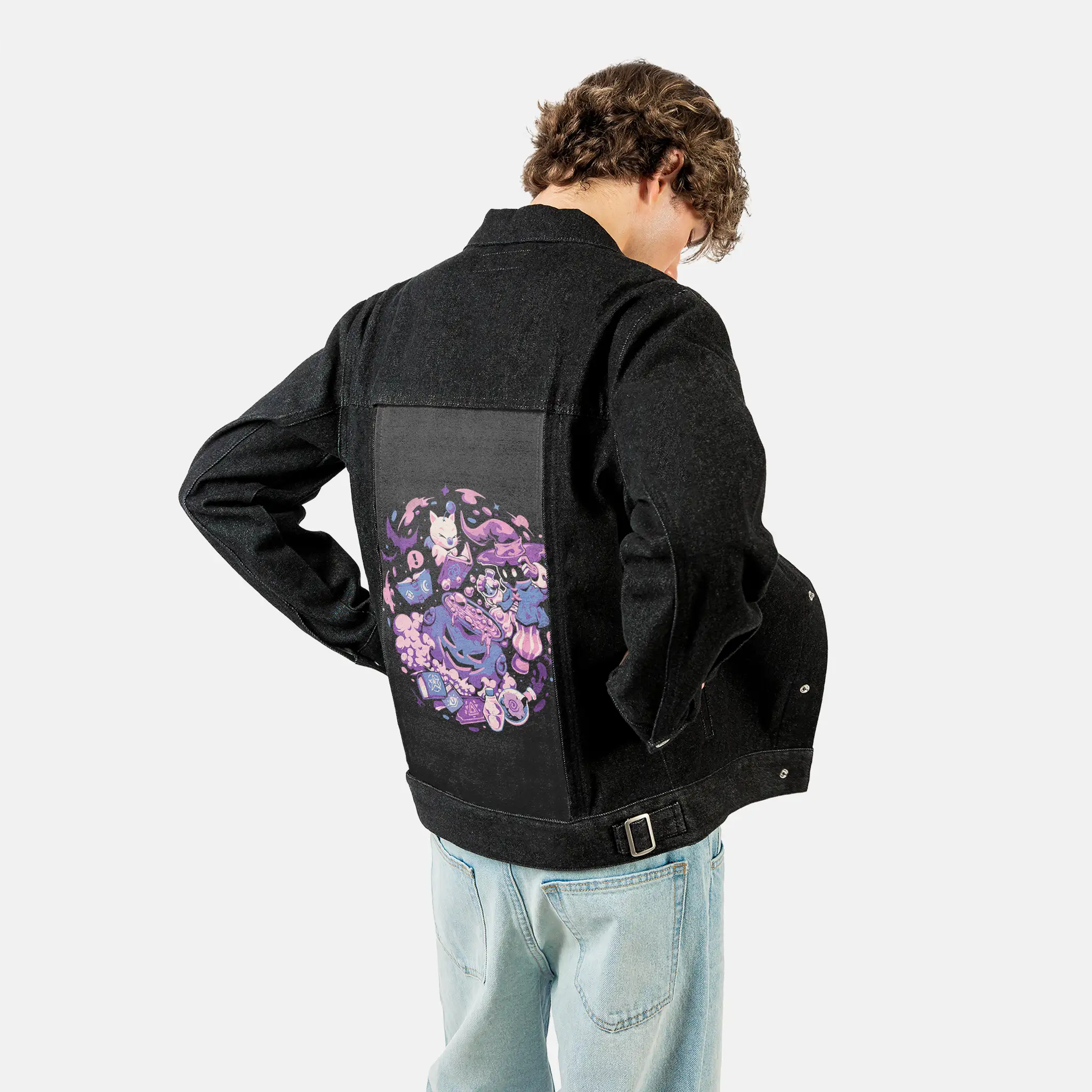 magespell patch on male og denim jacket in raven
