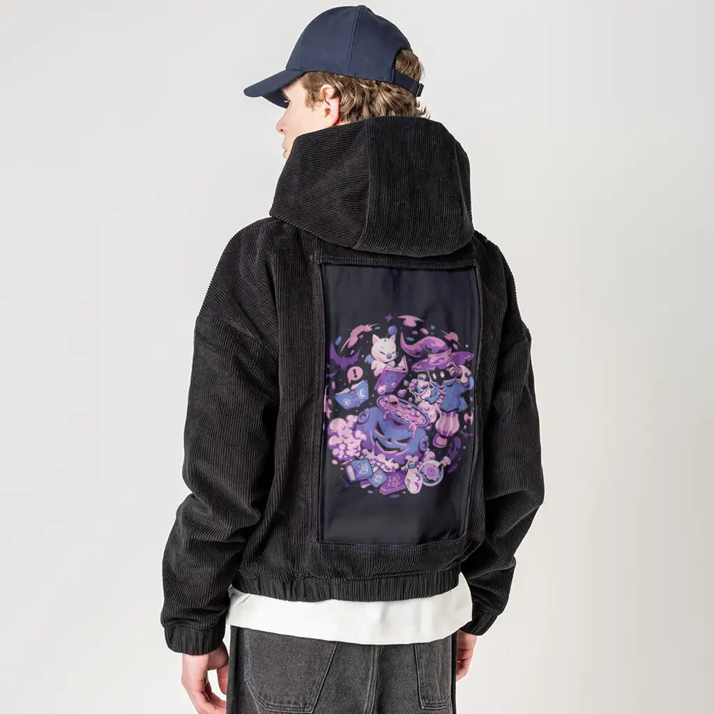 magespell patch on male retro cord hoodie in onyx