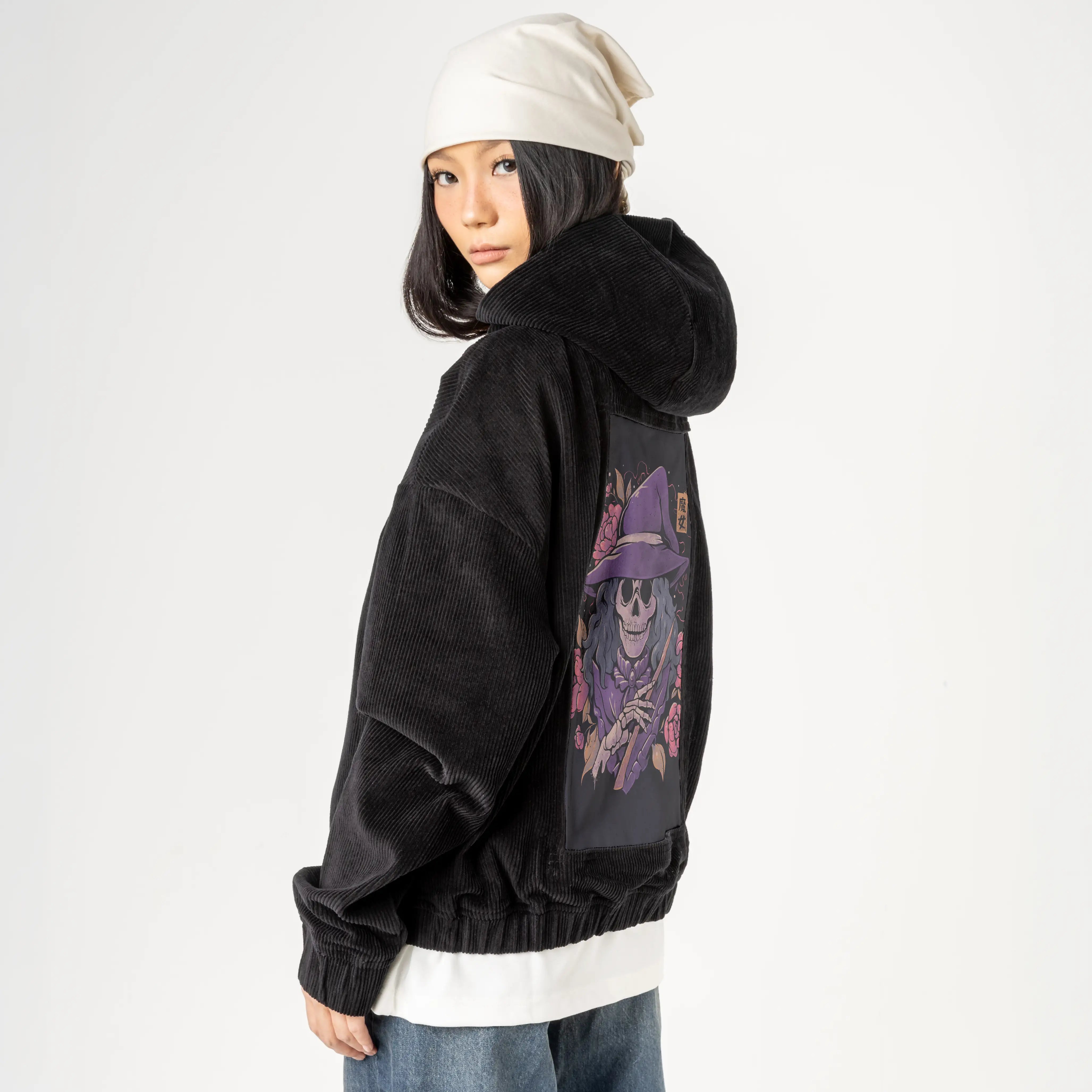 magicdeath patch on female retro cord hoodie in onyx