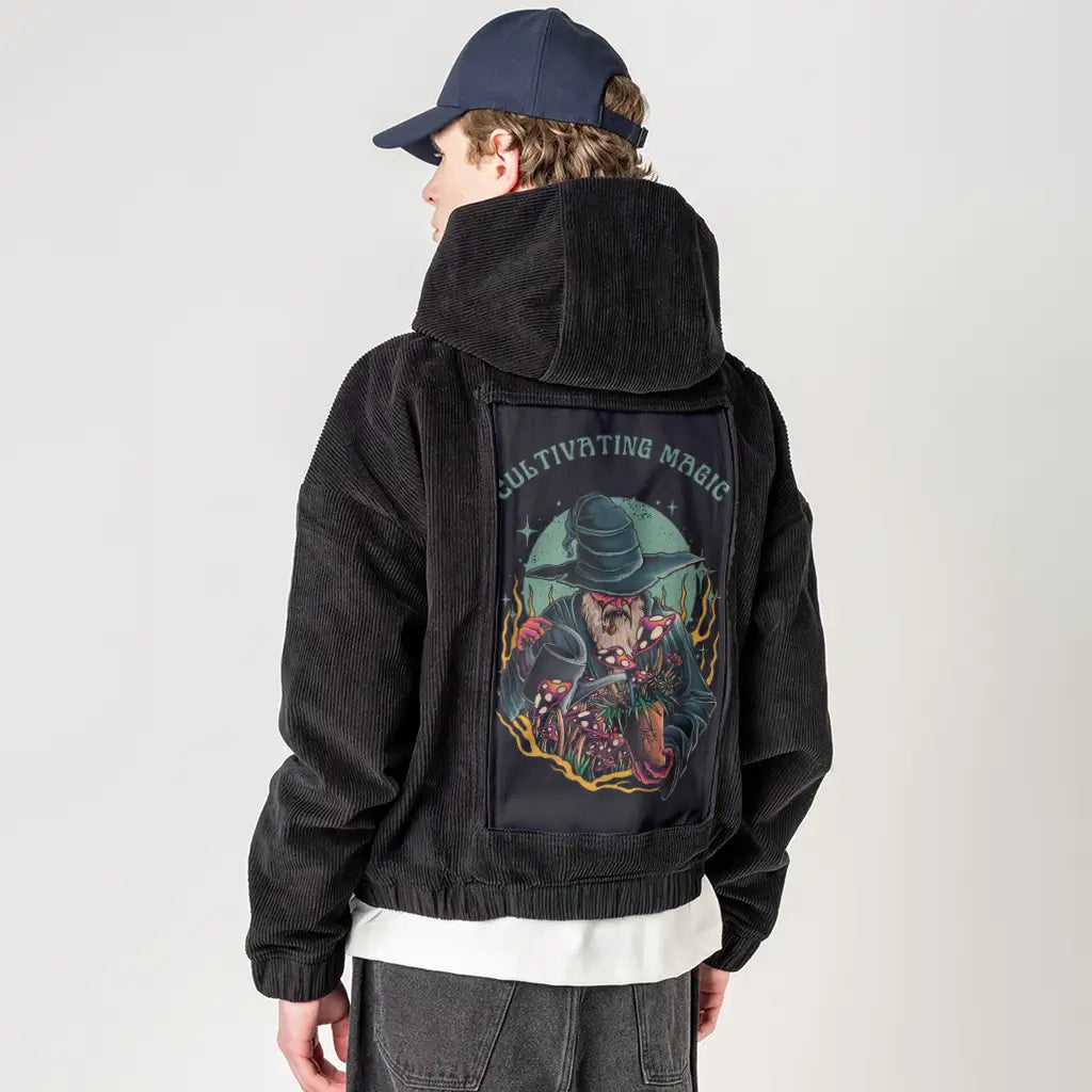 magicgarden patch on male retro cord hoodie in onyx