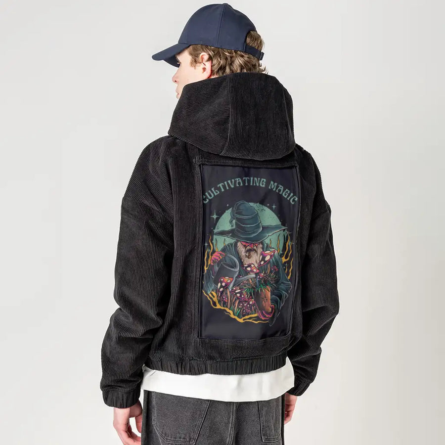 magicgarden patch on male retro cord hoodie in onyx