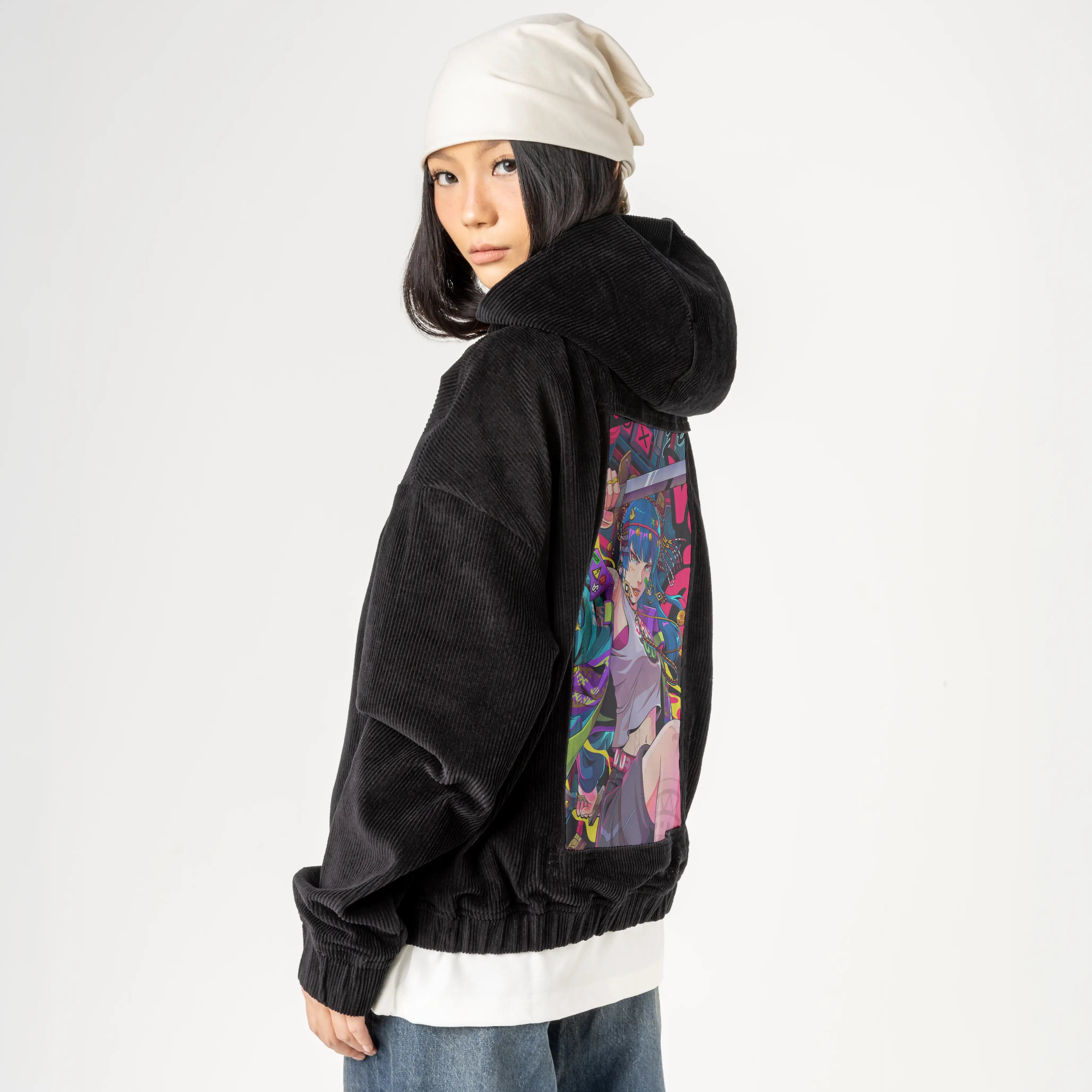 maharlika patch on female retro cord hoodie in onyx