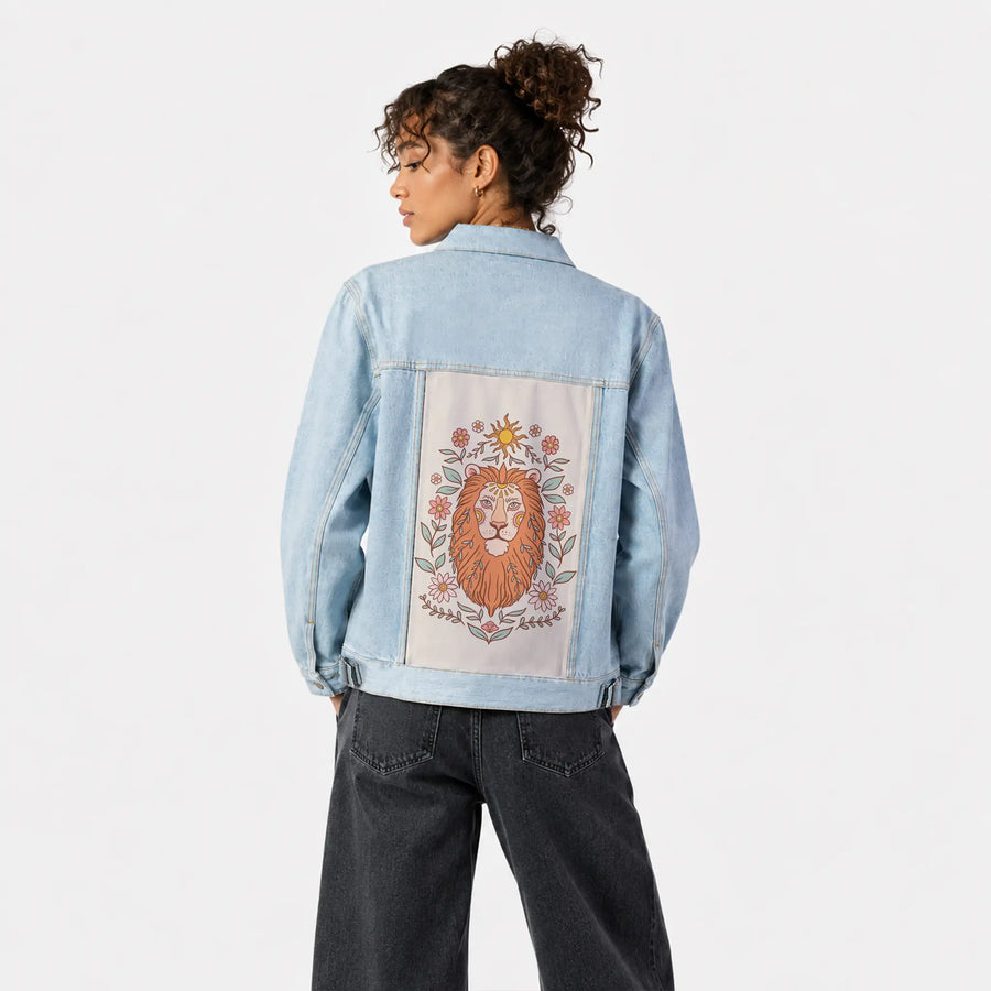 majesticlion patch on female og denim jacket in oceanside