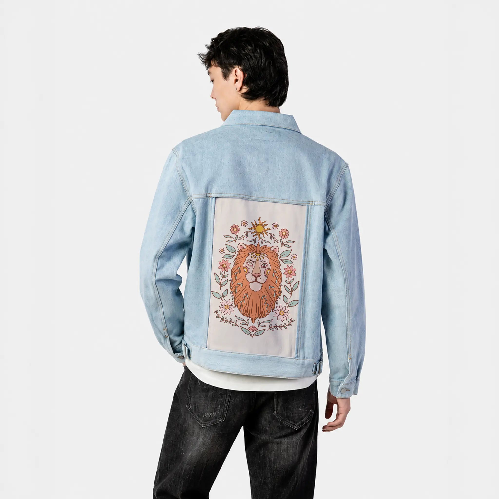 majesticlion patch on male og denim jacket in oceanside