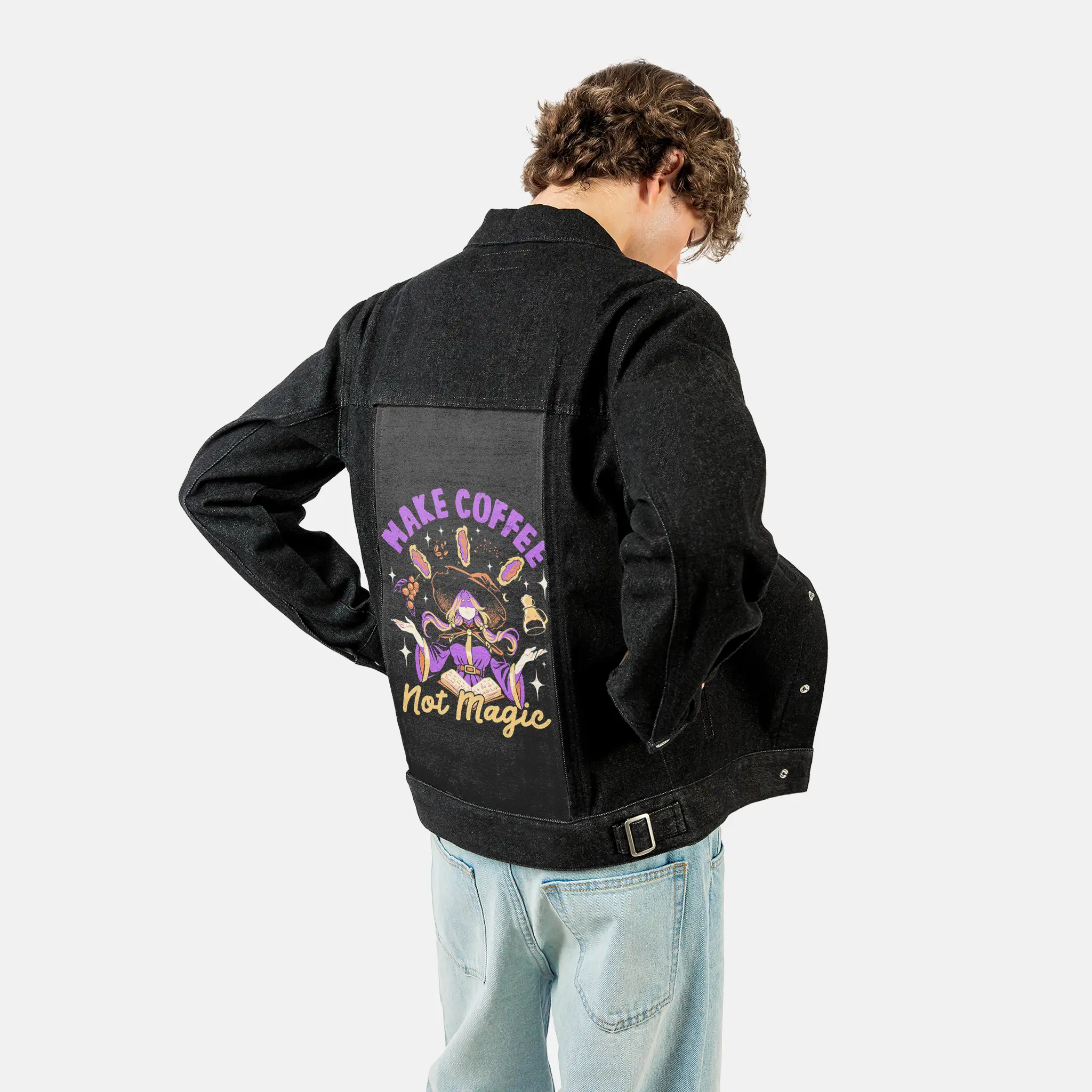 makecoffeenotmagic patch on male og denim jacket in raven