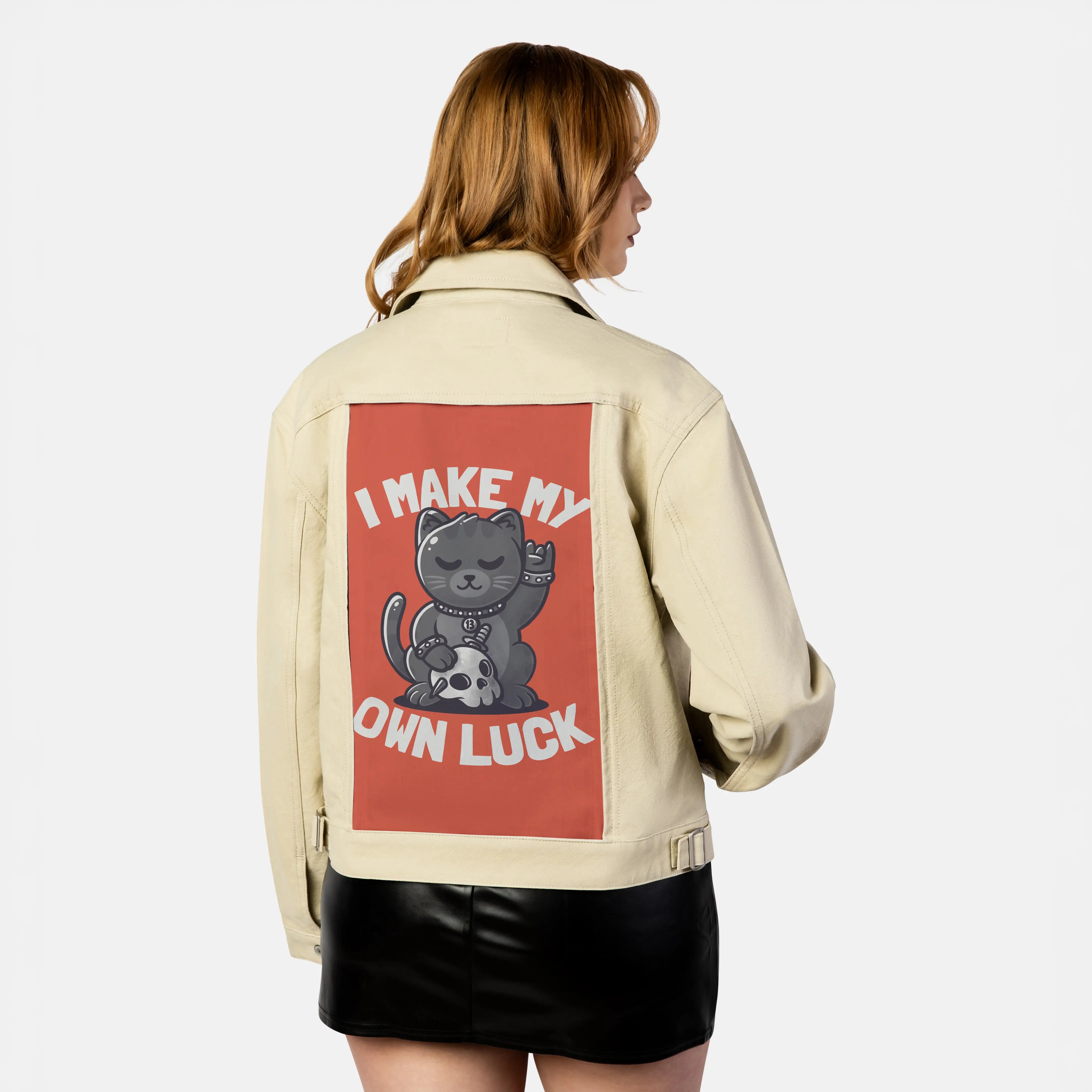 makemyownluck patch on female atelier canvas jacket in tan