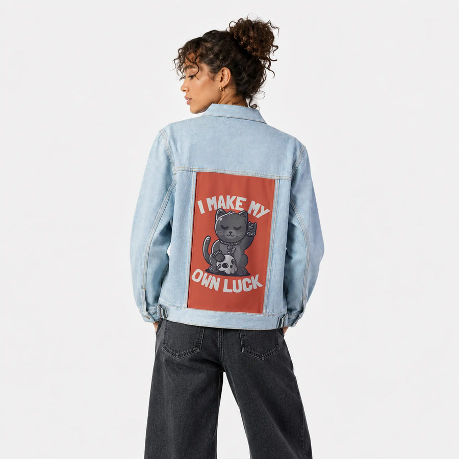 makemyownluck patch on female og denim jacket in oceanside