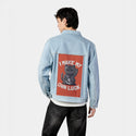 makemyownluck patch on male og denim jacket in oceanside