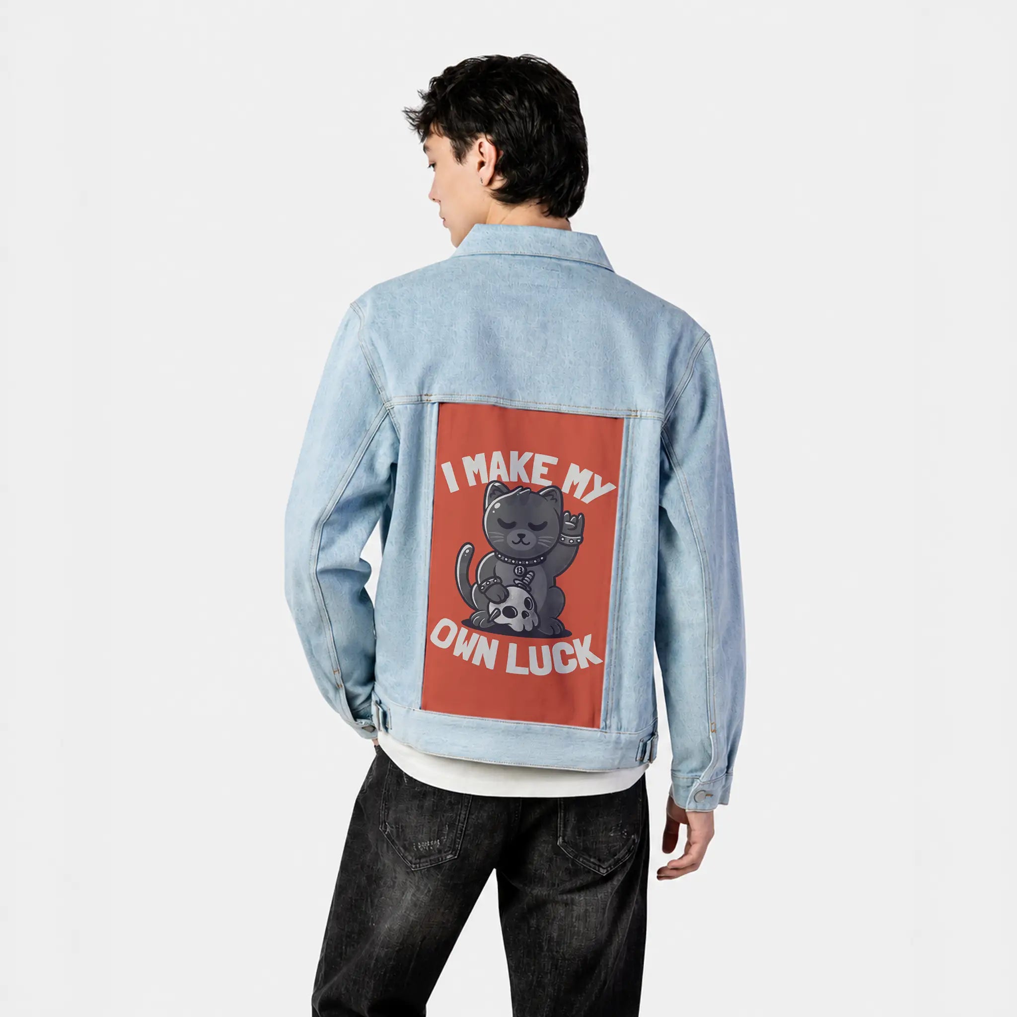 makemyownluck patch on male og denim jacket in oceanside