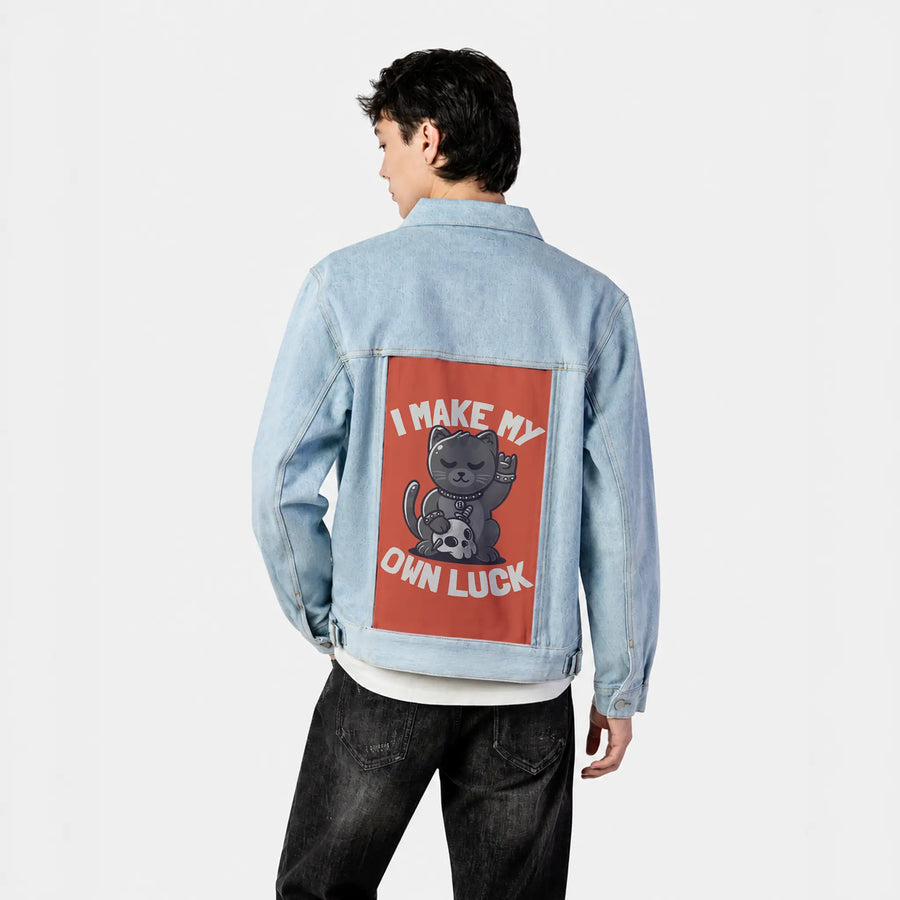 makemyownluck patch on male og denim jacket in oceanside