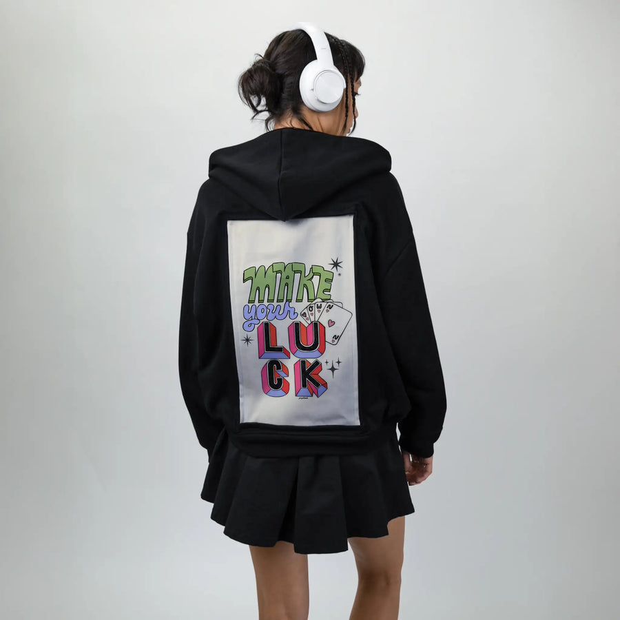makeyourownluck patch on female essential zip hoodie in after hours