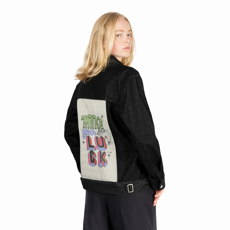 makeyourownluck patch on female og denim jacket in raven