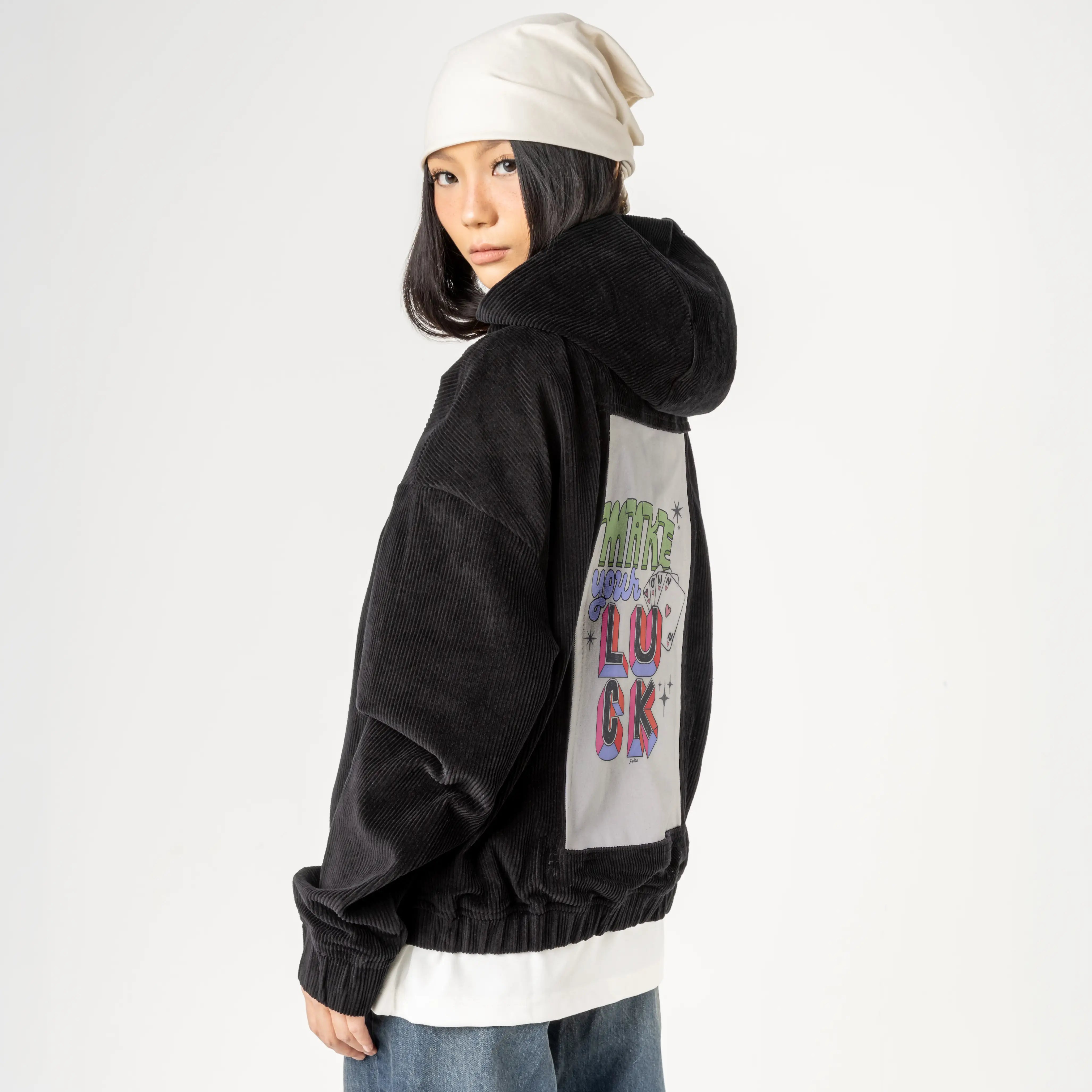 makeyourownluck patch on female retro cord hoodie in onyx