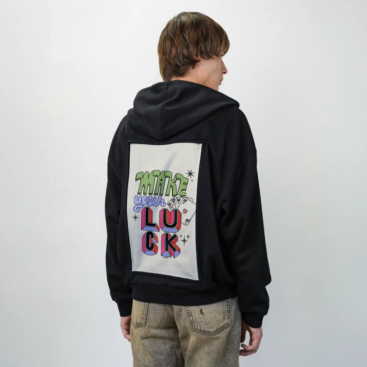 makeyourownluck patch on male essential zip hoodie in after hours