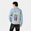 makeyourownluck patch on male og denim jacket in oceanside