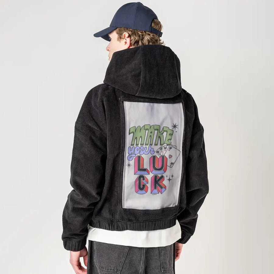 makeyourownluck patch on male retro cord hoodie in onyx