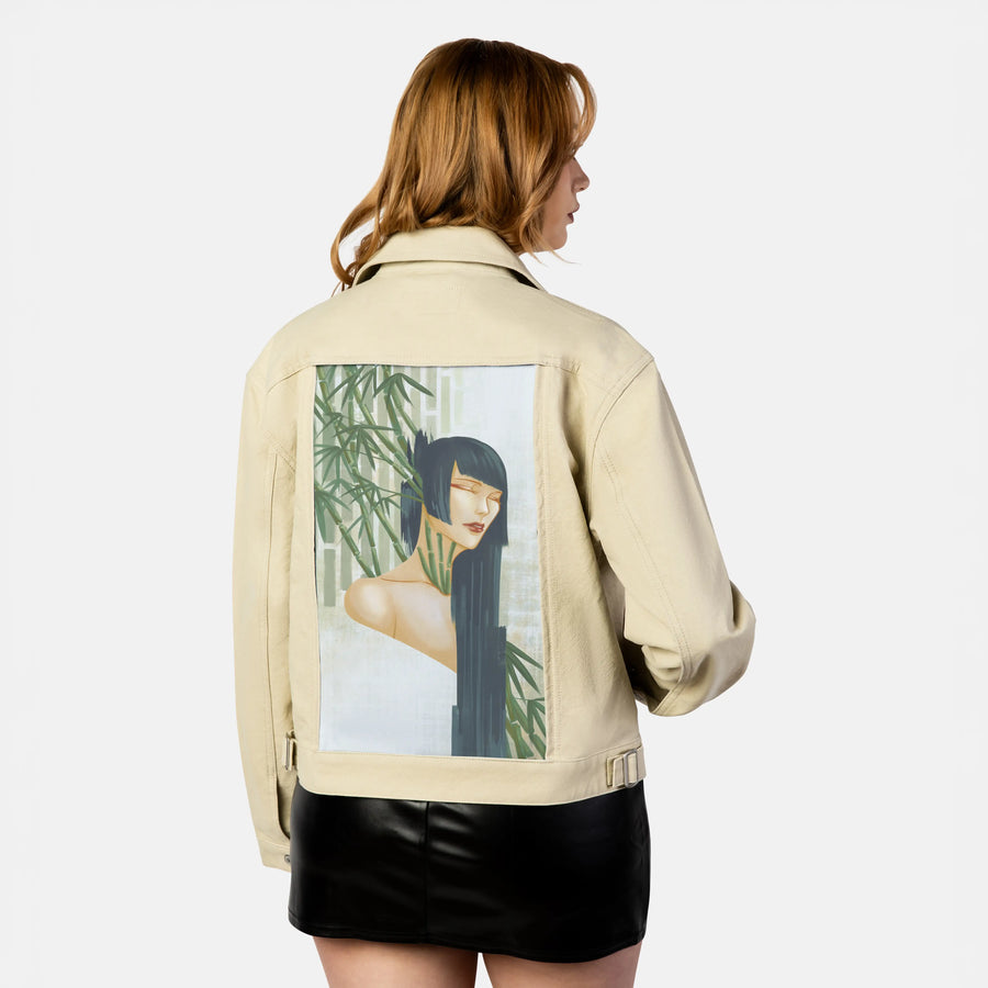 mambumuse patch on female atelier canvas jacket in tan