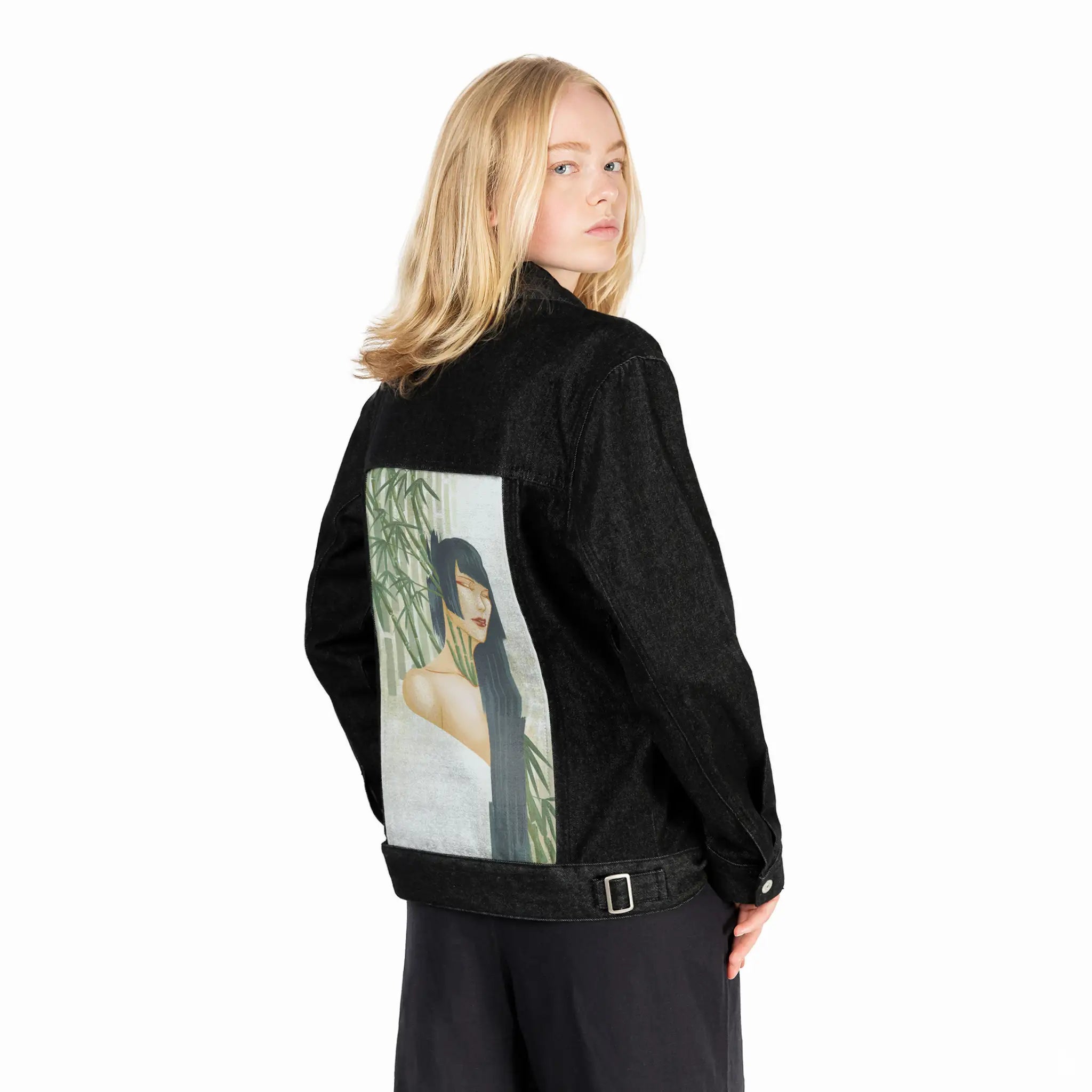mambumuse patch on female og denim jacket in raven
