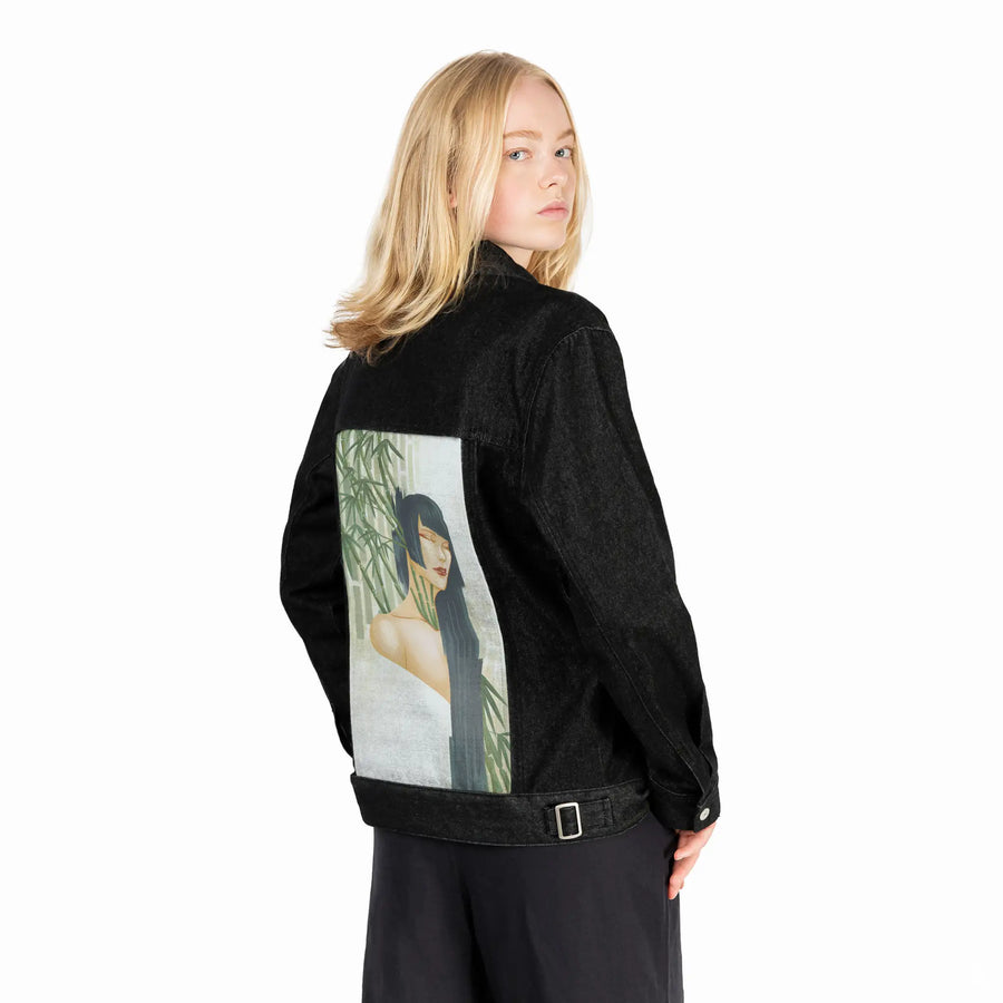 mambumuse patch on female og denim jacket in raven