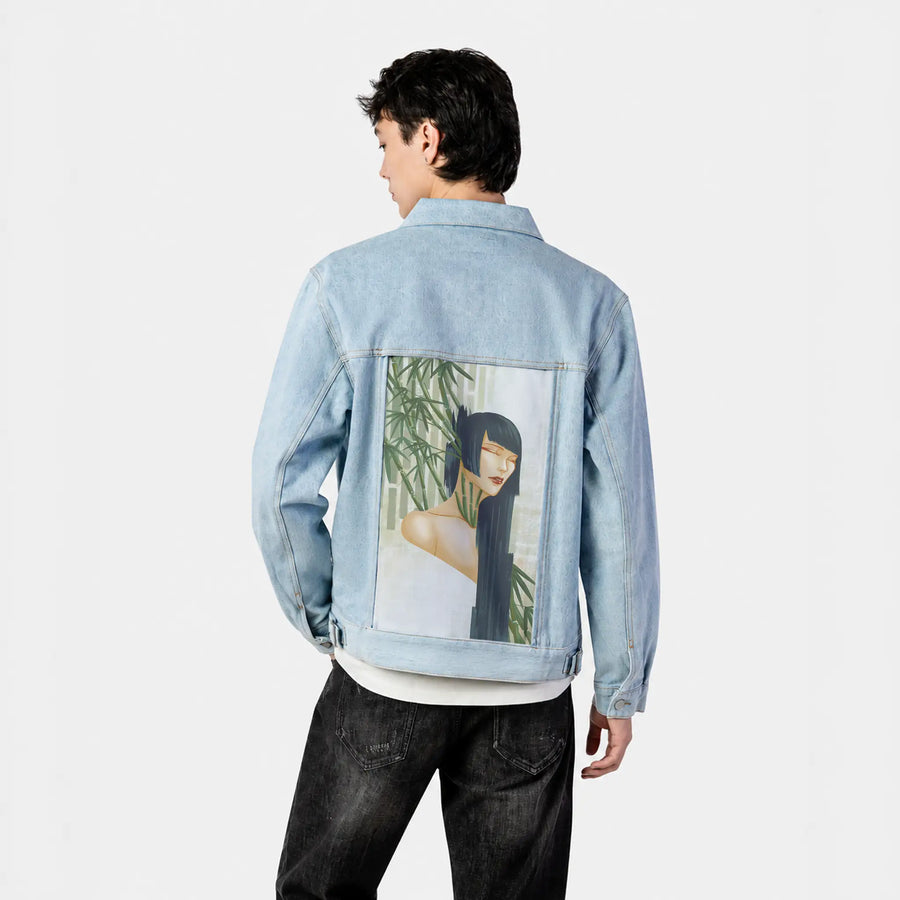 mambumuse patch on male og denim jacket in oceanside