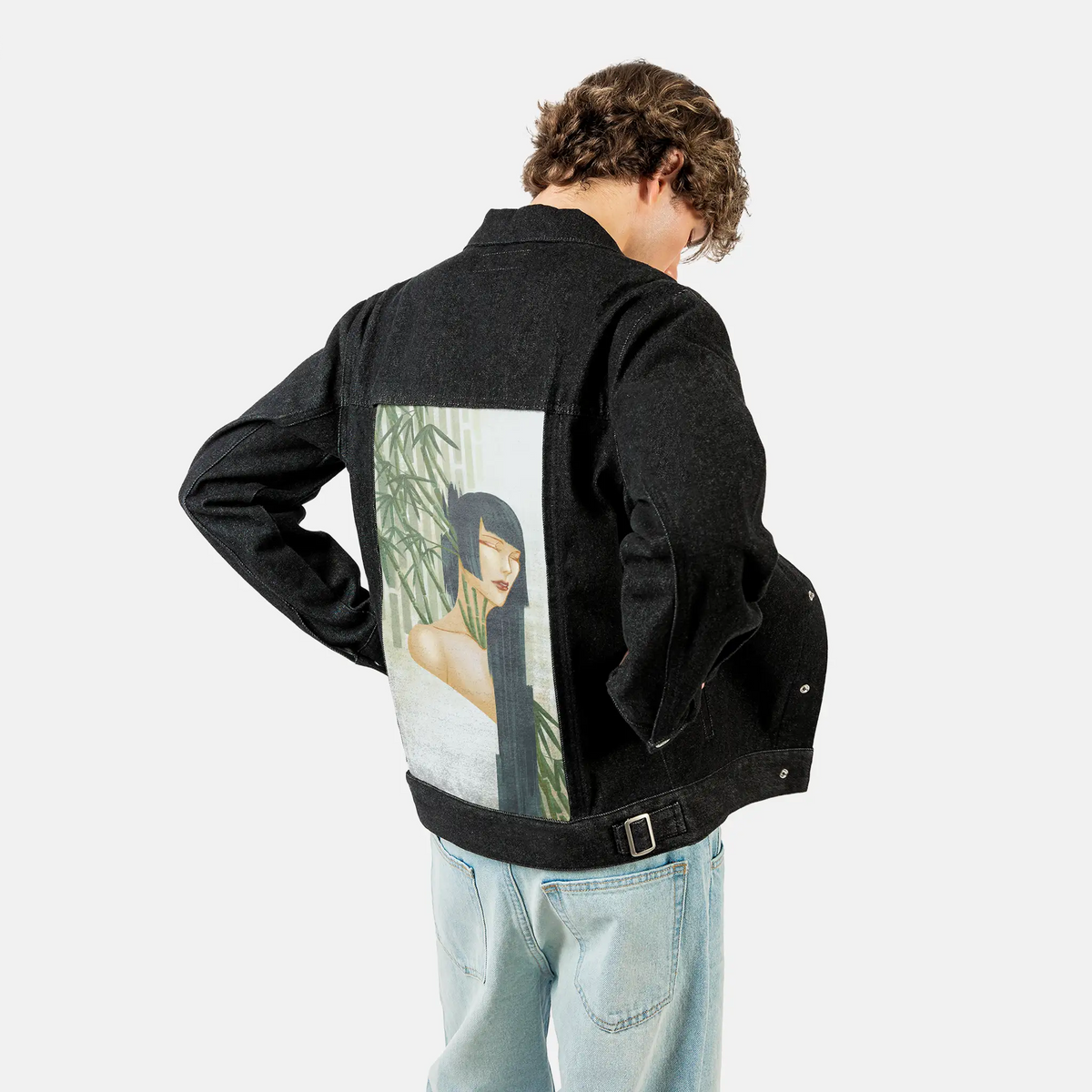 mambumuse patch on male og denim jacket in raven