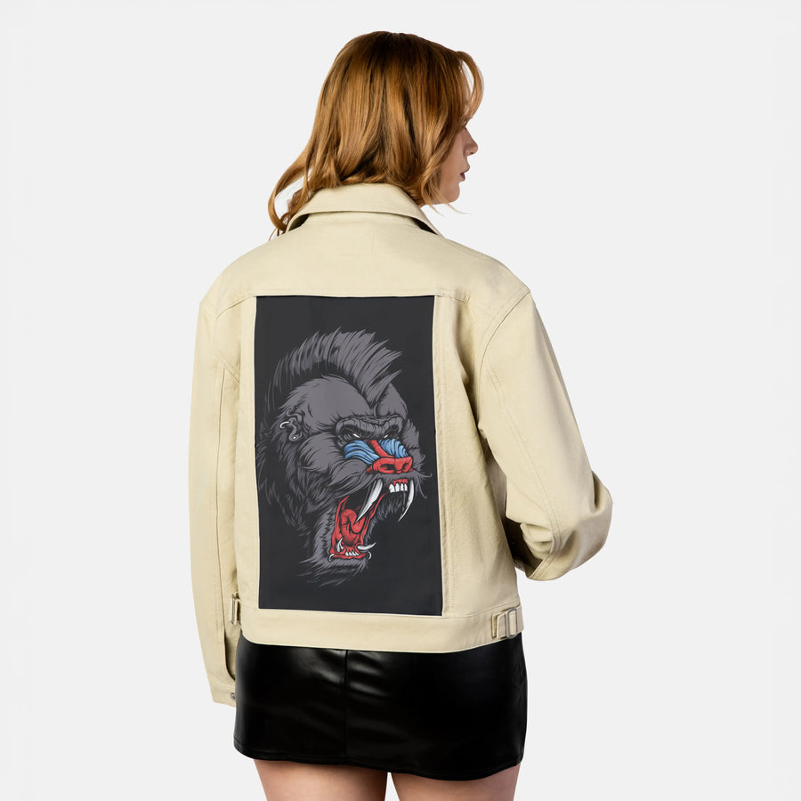 mandrill patch on female atelier canvas jacket in tan