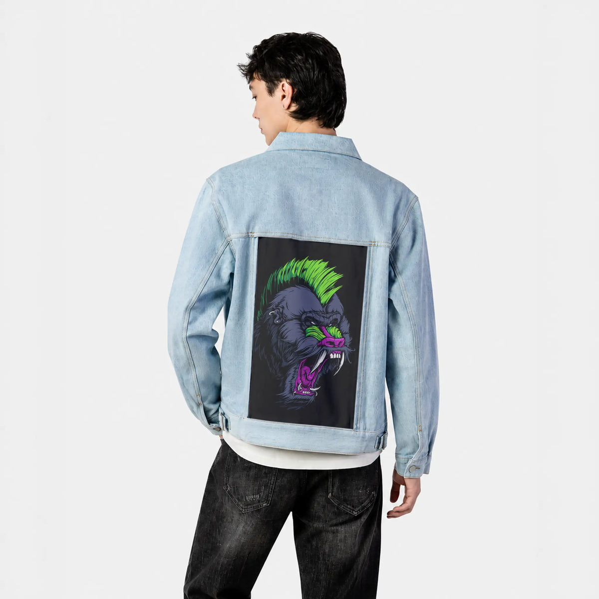 mandrillpunk patch on male og denim jacket in oceanside