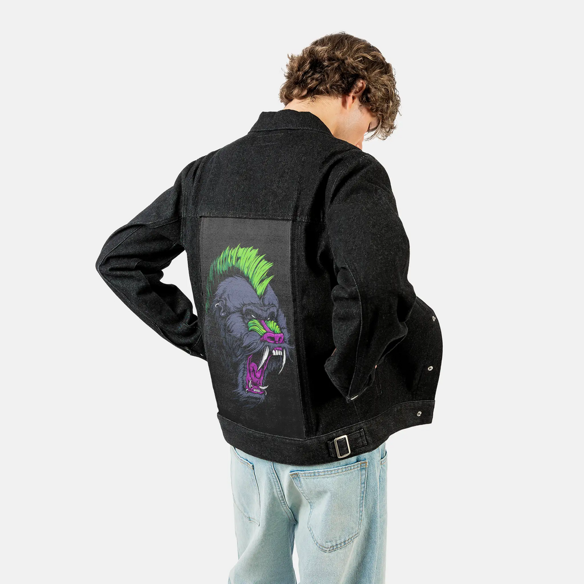 mandrillpunk patch on male og denim jacket in raven