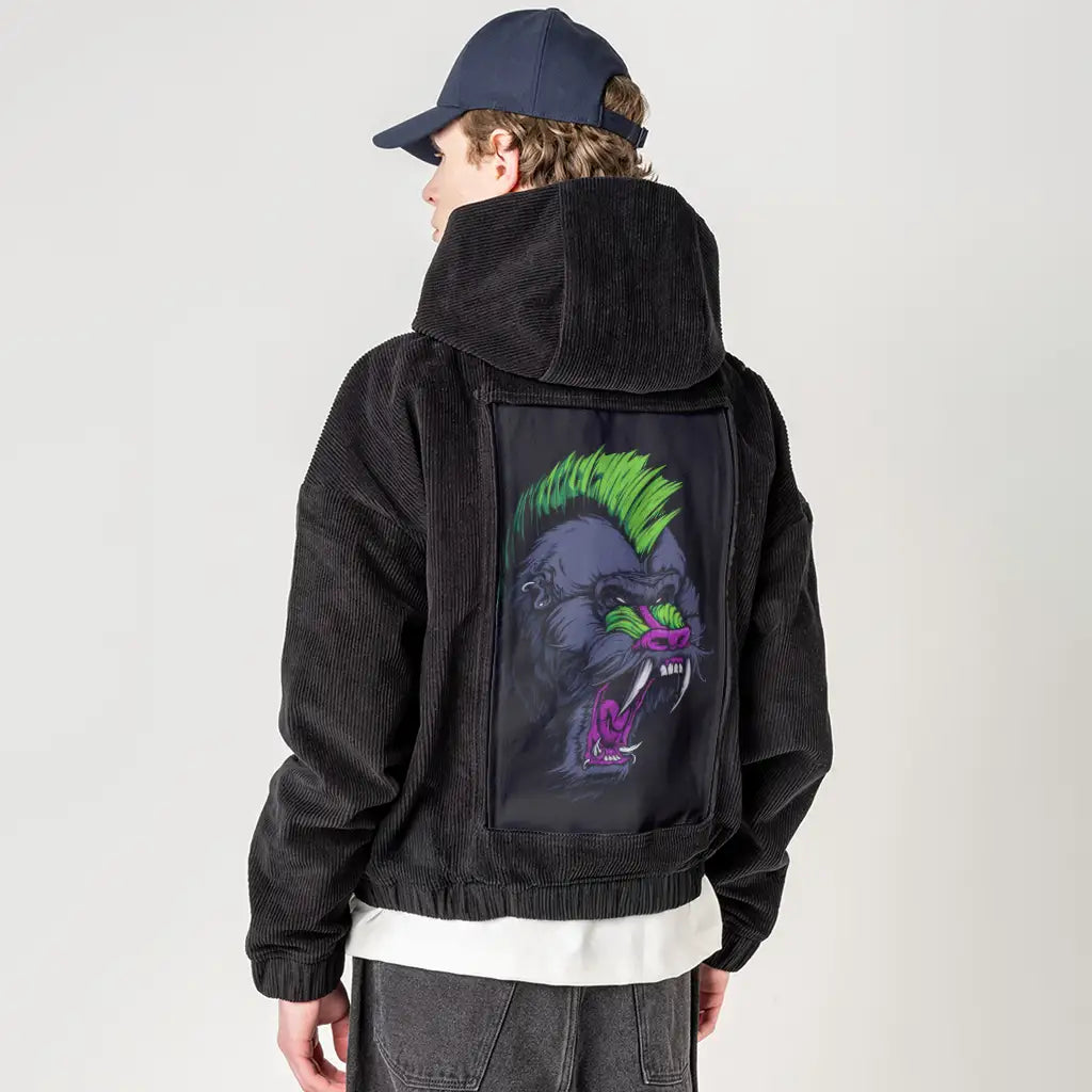 mandrillpunk patch on male retro cord hoodie in onyx