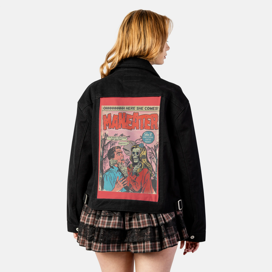 maneater patch on female atelier canvas jacket in nightfall