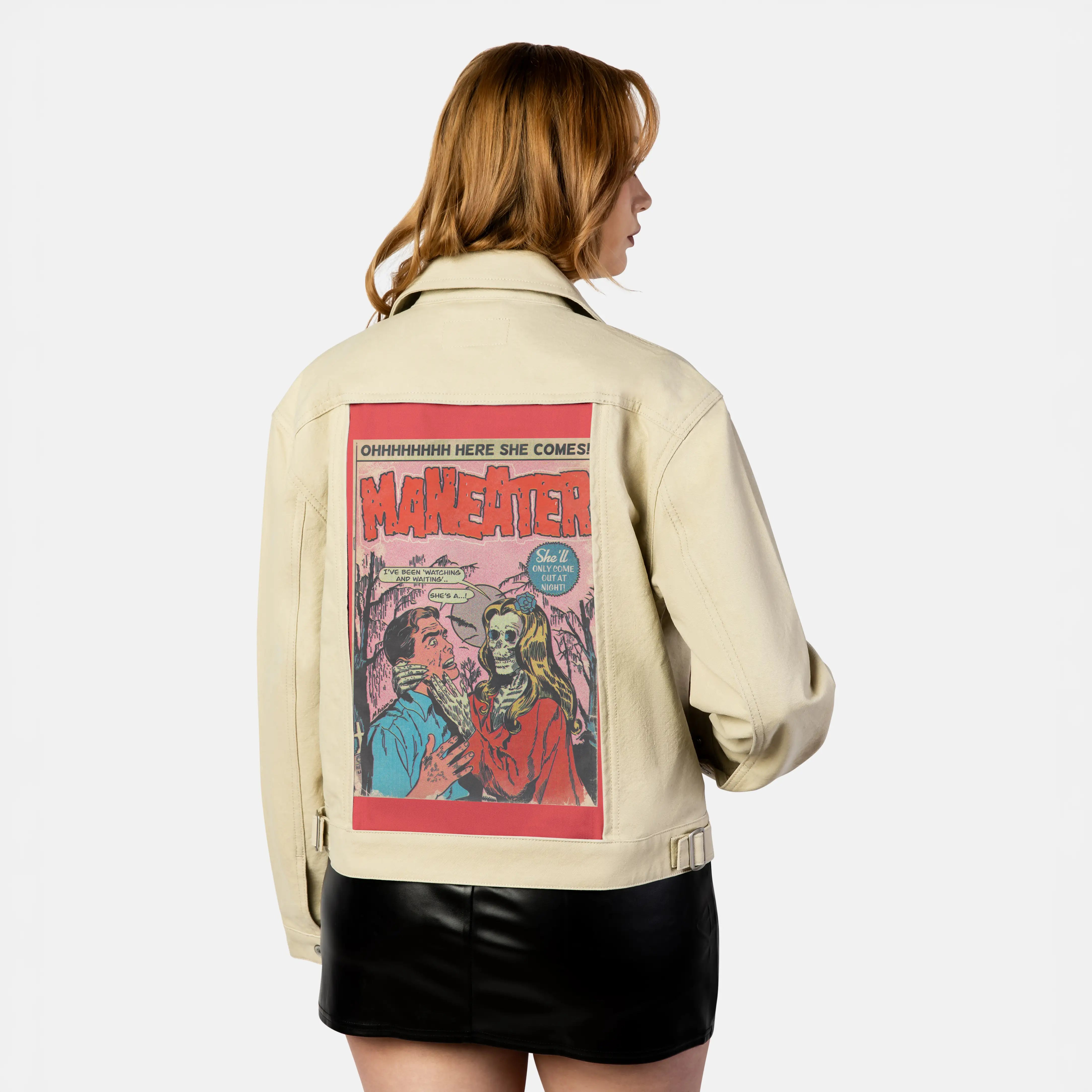 maneater patch on female atelier canvas jacket in tan