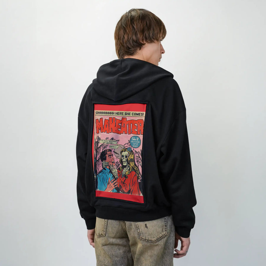 maneater patch on male essential zip hoodie in after hours
