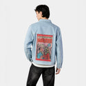 maneater patch on male og denim jacket in oceanside