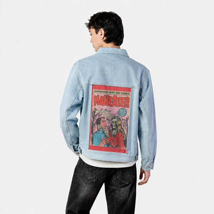 maneater patch on male og denim jacket in oceanside