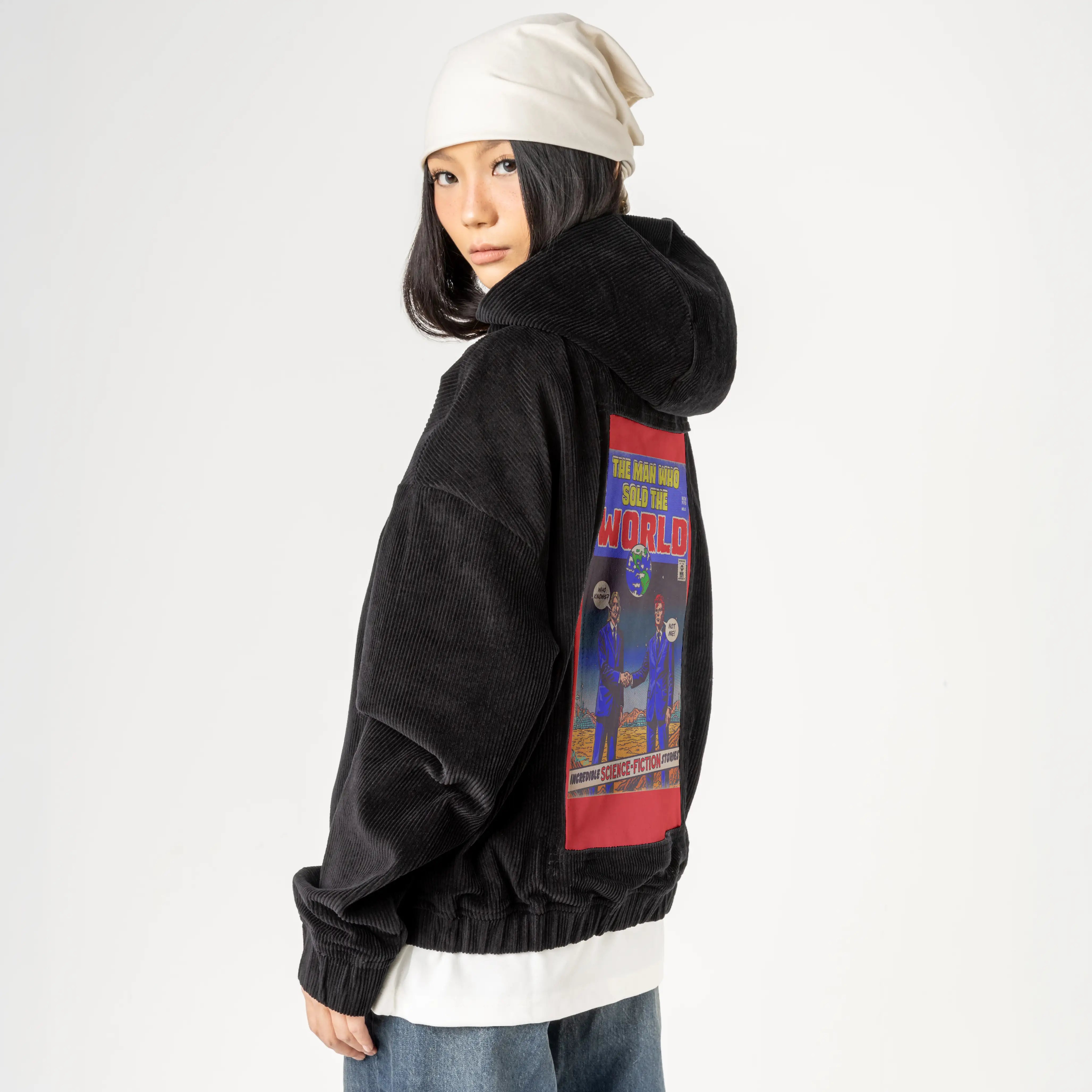 manwhosold patch on female retro cord hoodie in onyx
