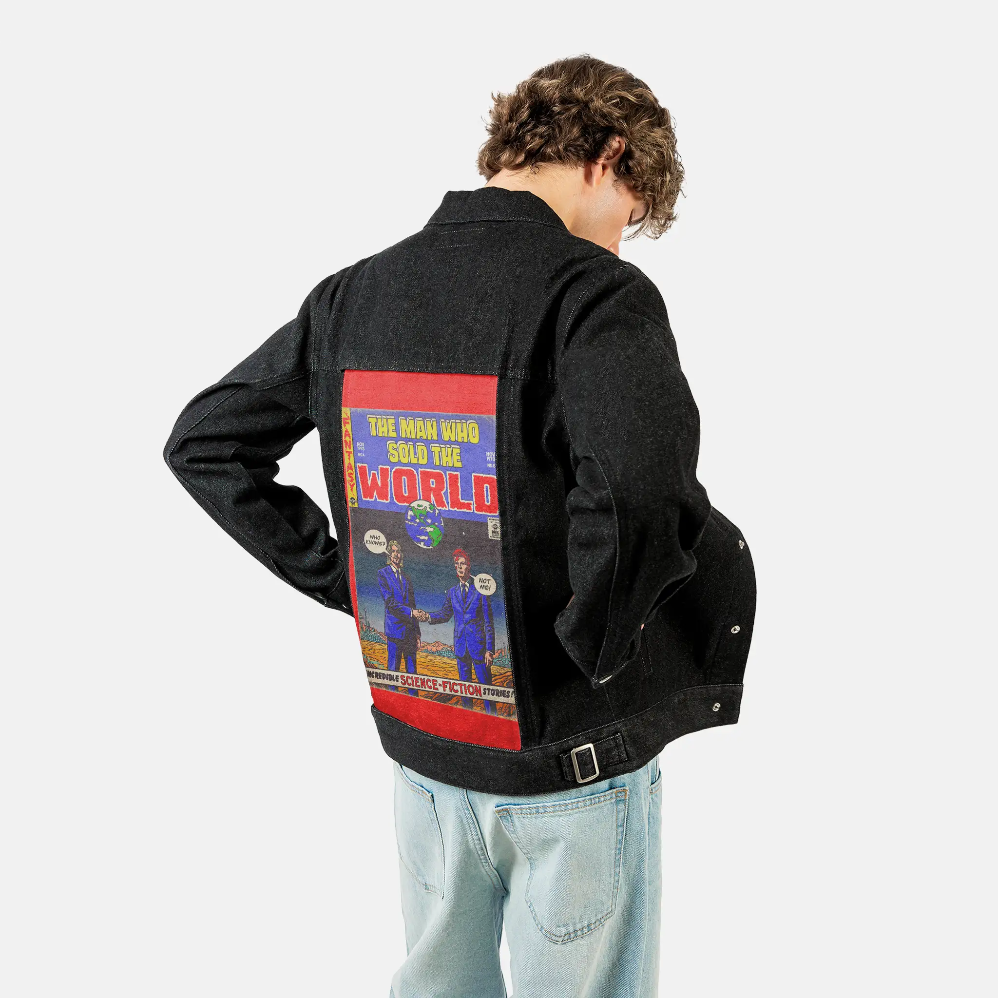 manwhosold patch on male og denim jacket in raven